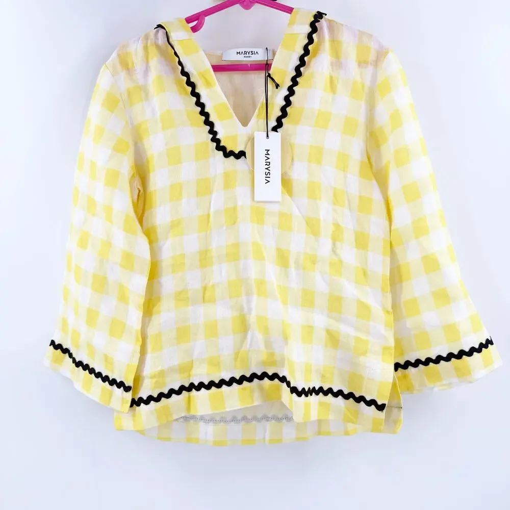 Marysia Bumby Swim x Maisonette CoverUp Size 2 Yellow Gingham Swim Rickrack NWT